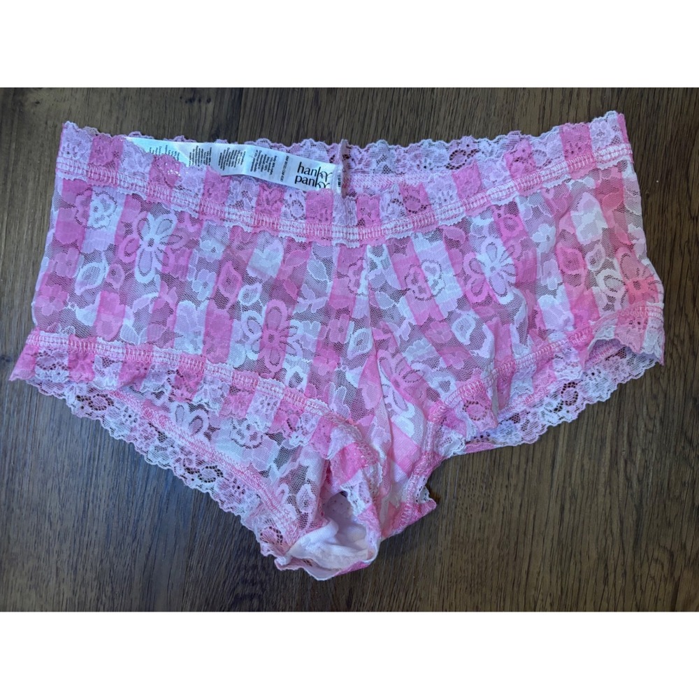NEW Hanky Panky Pink Stripe Lace Boy Short Panties XS Stretchy